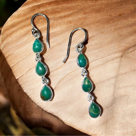 Genuine Sterling Silver with Triple Turquoise Teardrop Earrings - Picture 2 of 3